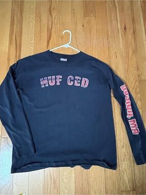 VTG - McGreevy’s Boston NUF CED Navy Blue Distressed Long-Sleeve Graphic T-Shirt
